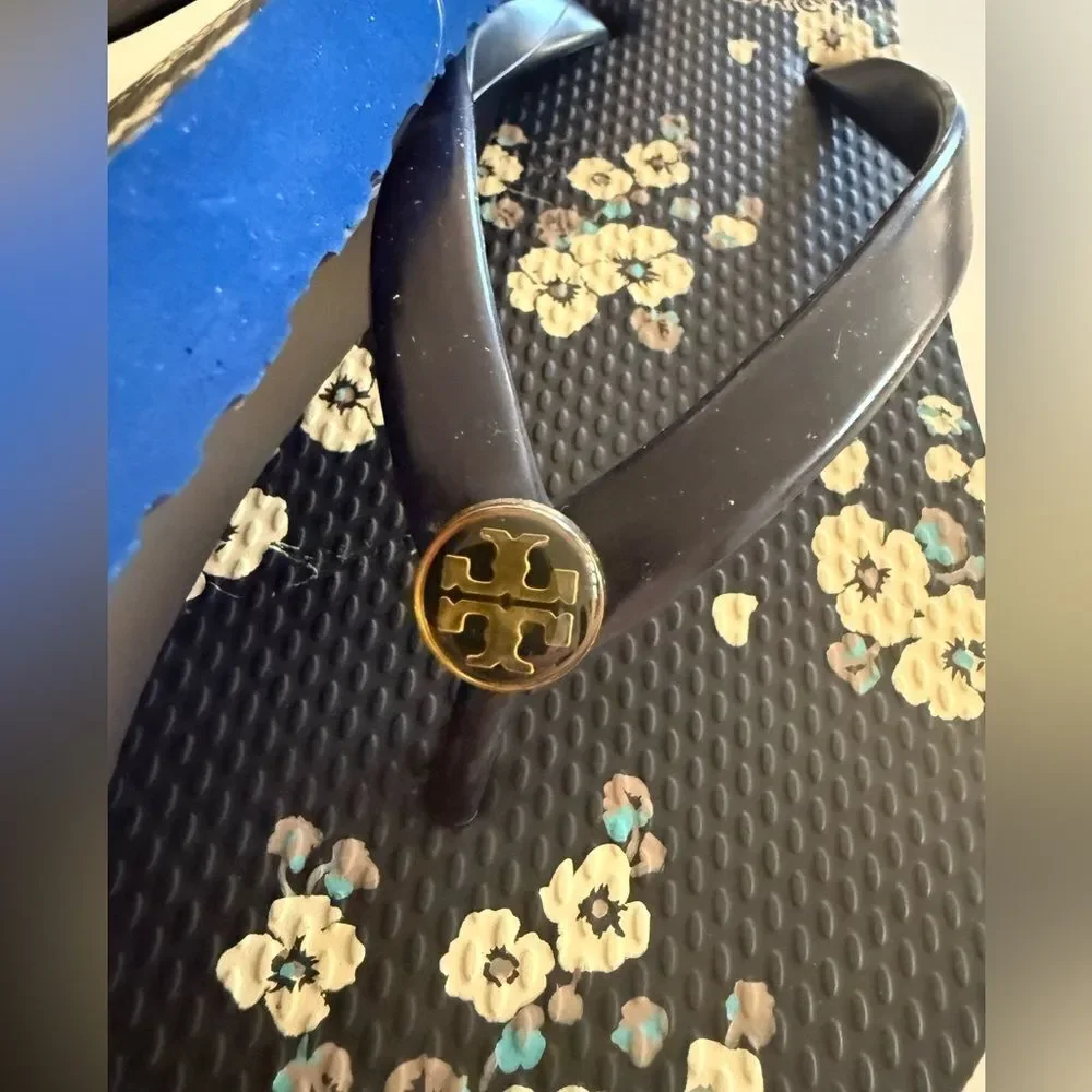 Tory Burch Navy Floral Thin Flip Flops